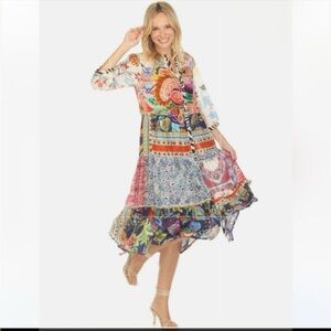 NWT JOHNNY WAS Regia Silk Patchwork Boho Print Split V-Neck Tiered Midi Dress